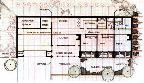 
Floor Plan: 4' × 4' module. The core structure, consisting of the area shaded in red (G through S across the top and 1 through 8 down the vertical axis), is 1,350 square feet, but can be expanded with modular units, as shown.
